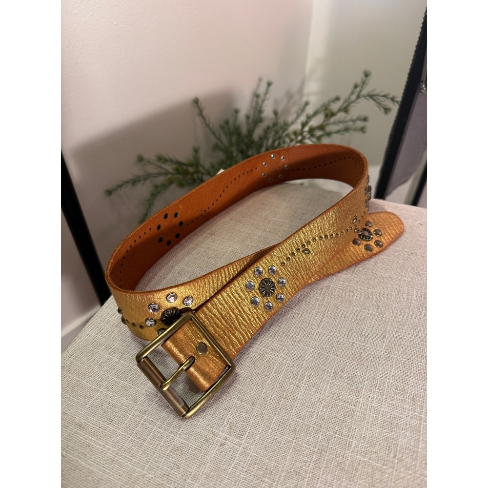 Linea Pelle Gold Metallic Studded Leather Belt Rhinestone Floral LP050659N Small